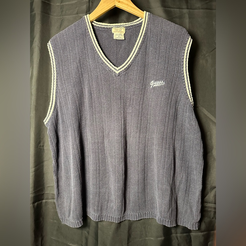 90’s Vintage GUESS USA Navy Sweater Vest Embroidered Logo